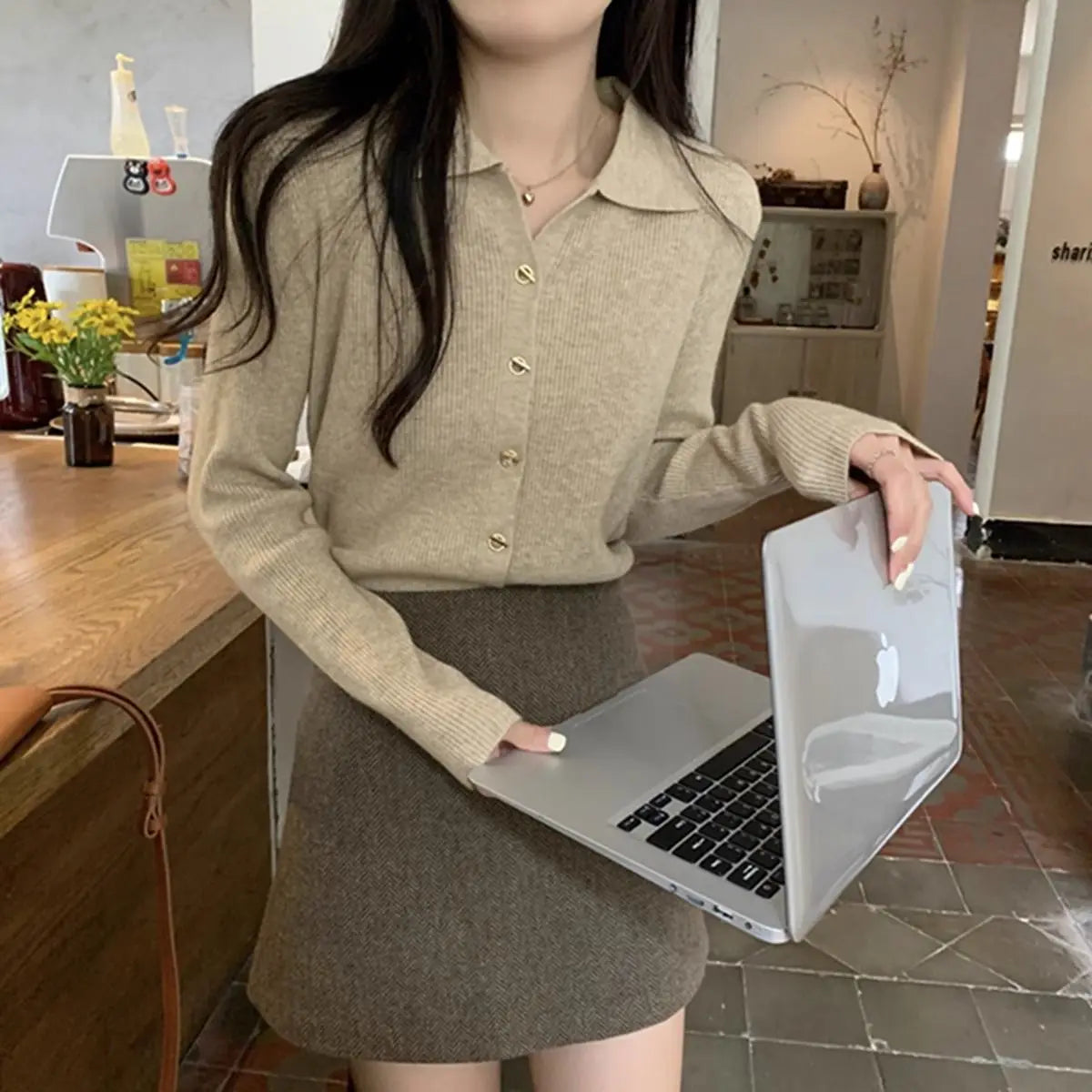 Autumn Elegant Fashion Solid Knit Cardigan Women Clothing Chic Turn-down Collar Long Sleeve Sweater All-match Elegant Button Top