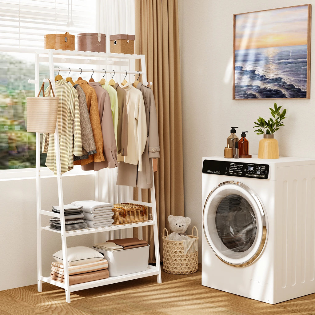 Free Standing Garment Rack Heavy Duty Bamboo Clothes Hanging Stand with Storage Shelves and Hooks