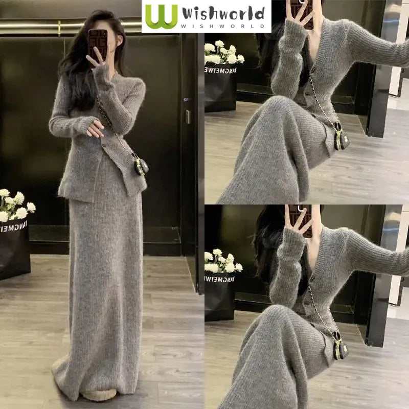Slim Fit Long Sleeved Knitted Sweater+ Half Length Skirt Two-Piece Set