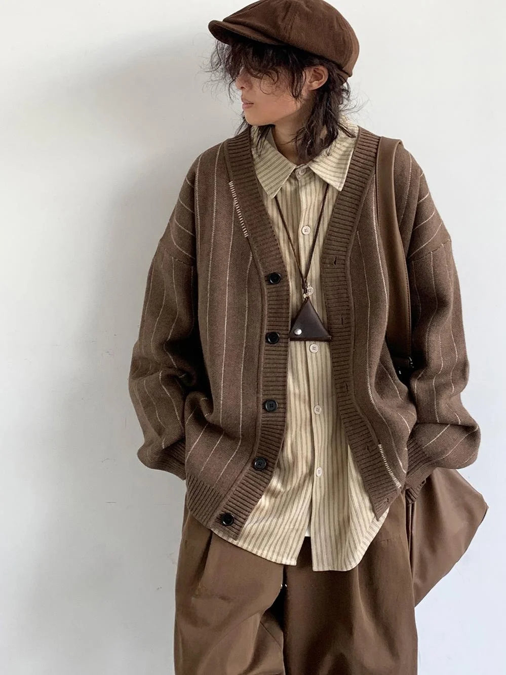 Neutral Striped Knitted Cardigan