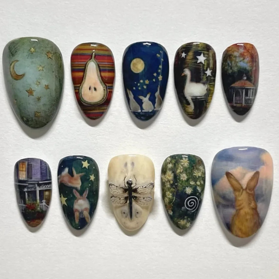 24pcs Vintage Country Style False Nails Cute Cartoon Little Lamb Rabbit Rose Printed Press On Nails Wave Point Bows Fake Nail