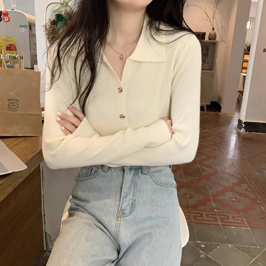 Autumn Elegant Fashion Solid Knit Cardigan Women Clothing Chic Turn-down Collar Long Sleeve Sweater All-match Elegant Button Top