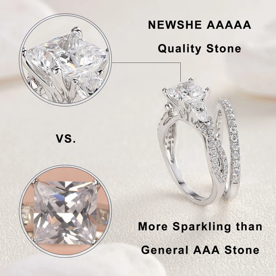 2 Pcs Wedding Ring Set 925 Sterling Silver 1.7 Ct Princess Pear Cut AAAAA CZ Engagement Rings