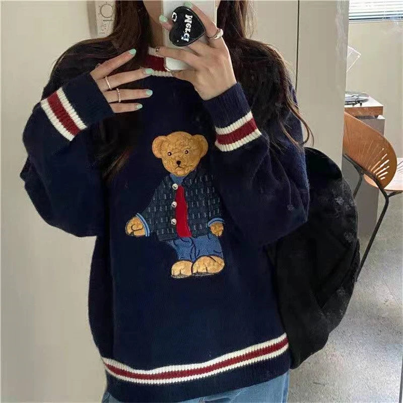 2025 Autumn Winter Women's Vest Japanese Style Cartoon Bear Pullover Vest Sweater Oversize Harajuku Kawaii Clothes Knitted Vest