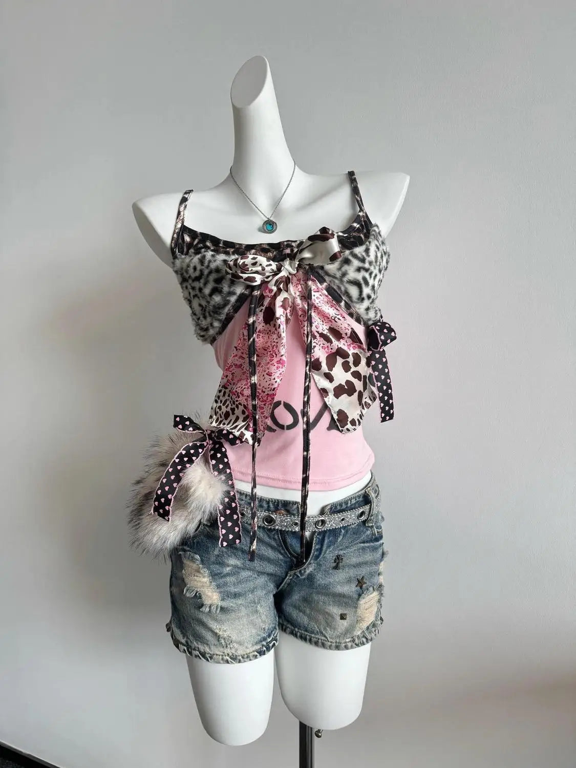 Retro Leopard Print Love Polka Dot Bowknot Suspender Top