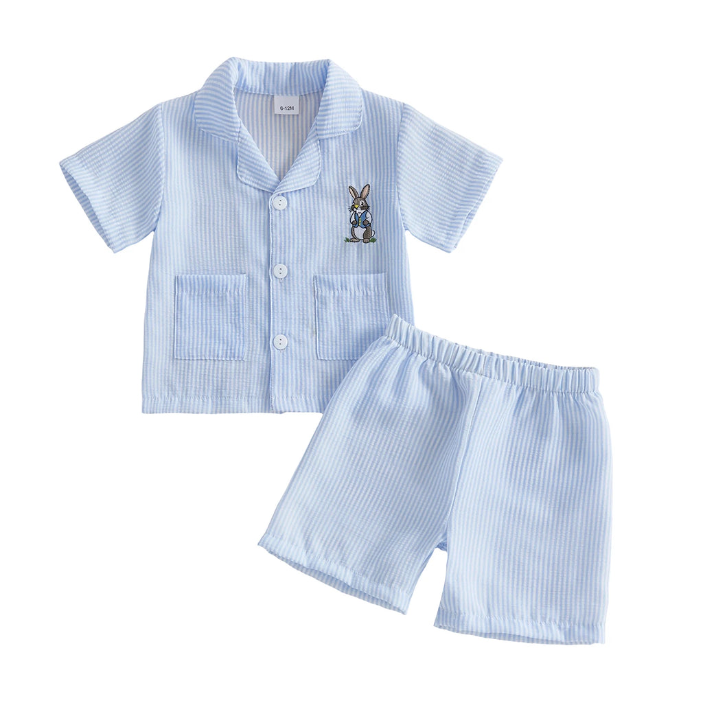 Citgeett Summer Easter Kids Toddler Baby Boys Girls Pajamas Set Bunny Embroidered Striped Button Short Sleeve Top Shorts Clothes