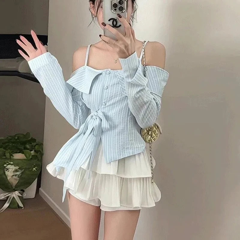 Blue Off Shoulder Irregular Slash Neck Long Sleeve Blouse