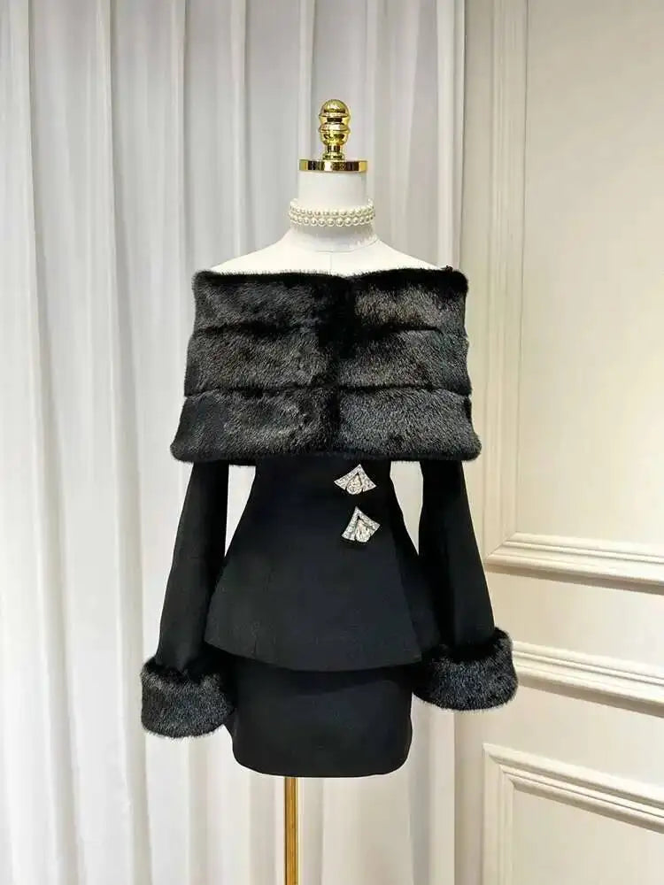 2 Pcs Set Off Shoulder Removable Shawl Diamond Button Top Hip Wrap Skirt