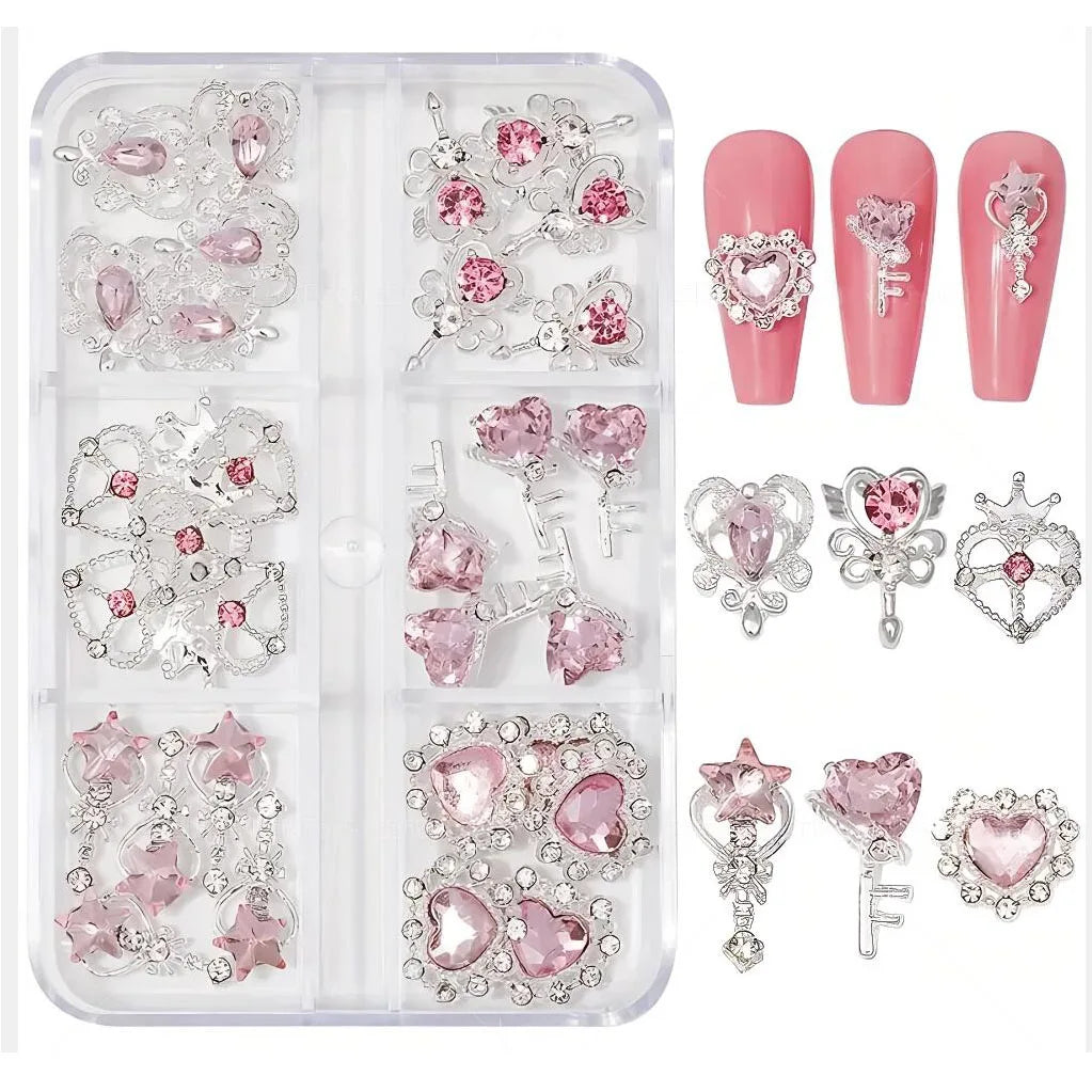 30Pcs-6gGrids Luxury Sailor&Moon 3D Red Crystal Nail Charms Gold Alloy Metal Love-Heart Diamond Nail Decor DIY Manicure Jewelry