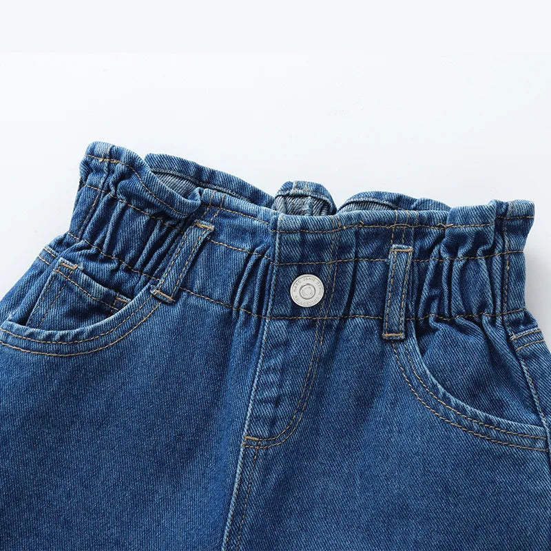 New Kid's Jeans Girls Cute Solid Color Denim Blue Pants Children High Waist Loose Trousers 1-5T