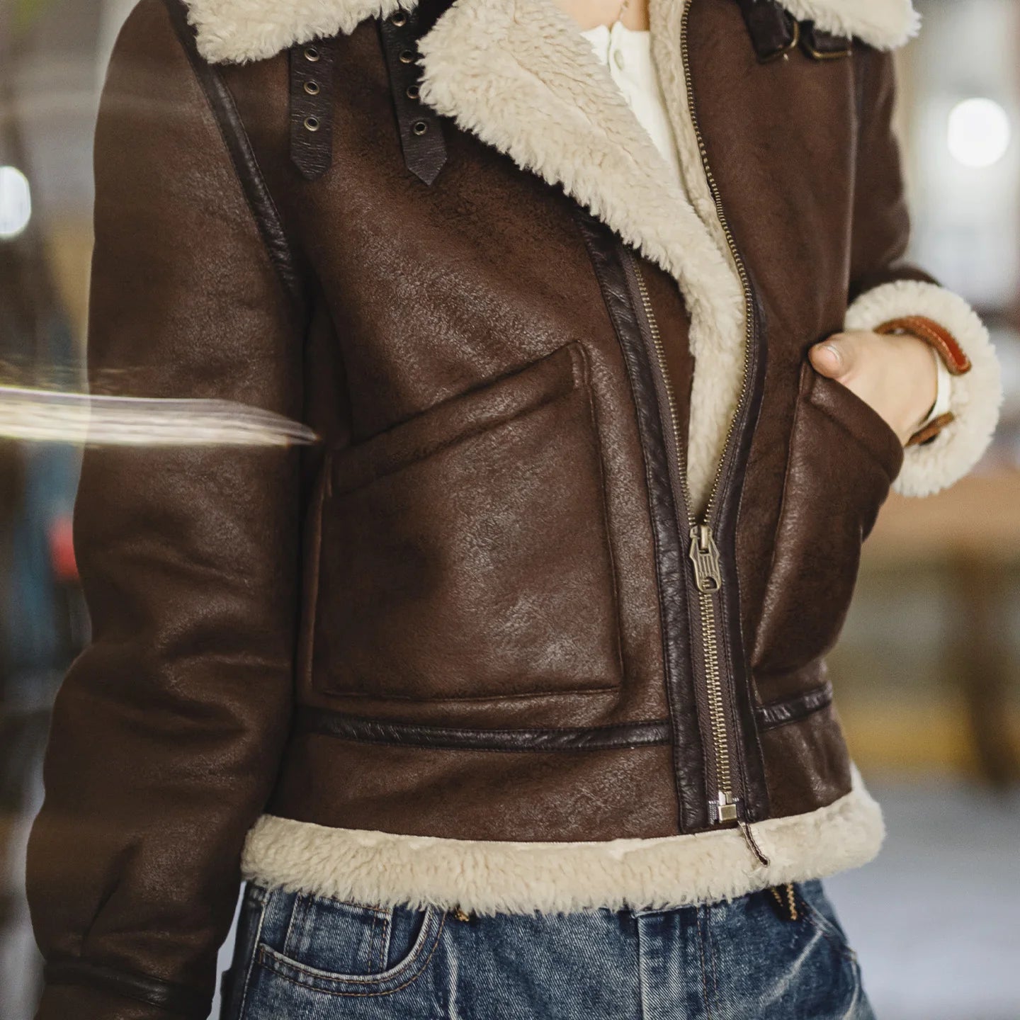 Suede Shearling-Lined Short Padded Jacket