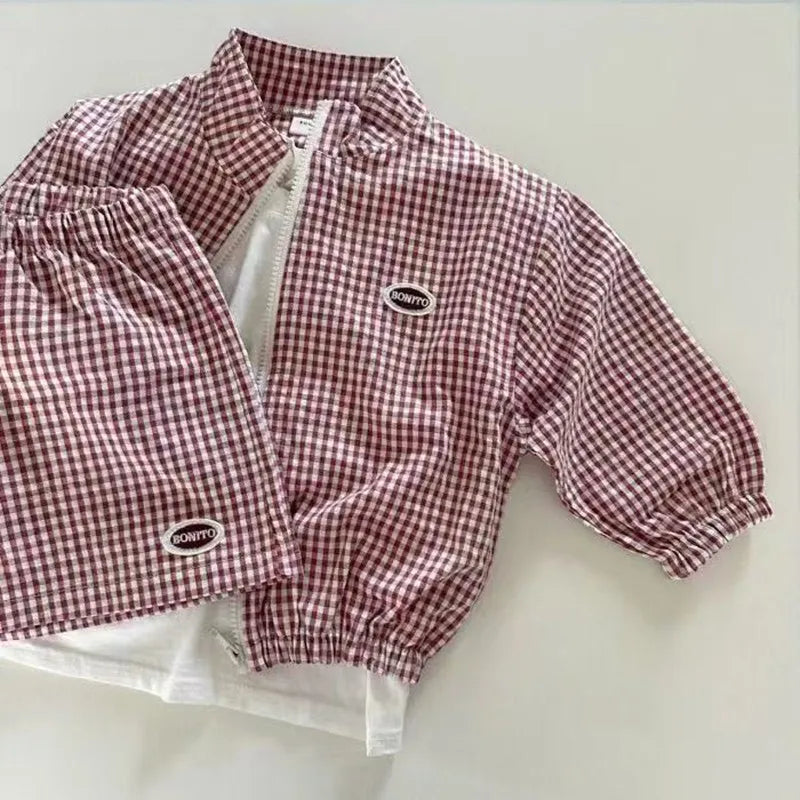 Children's Plaid Loose Coat New 0-5Y Boys Long Sleeve Sunscreen Jacket +shorts Girls Zippered Jacket Top Shorts Sun Proof Sets