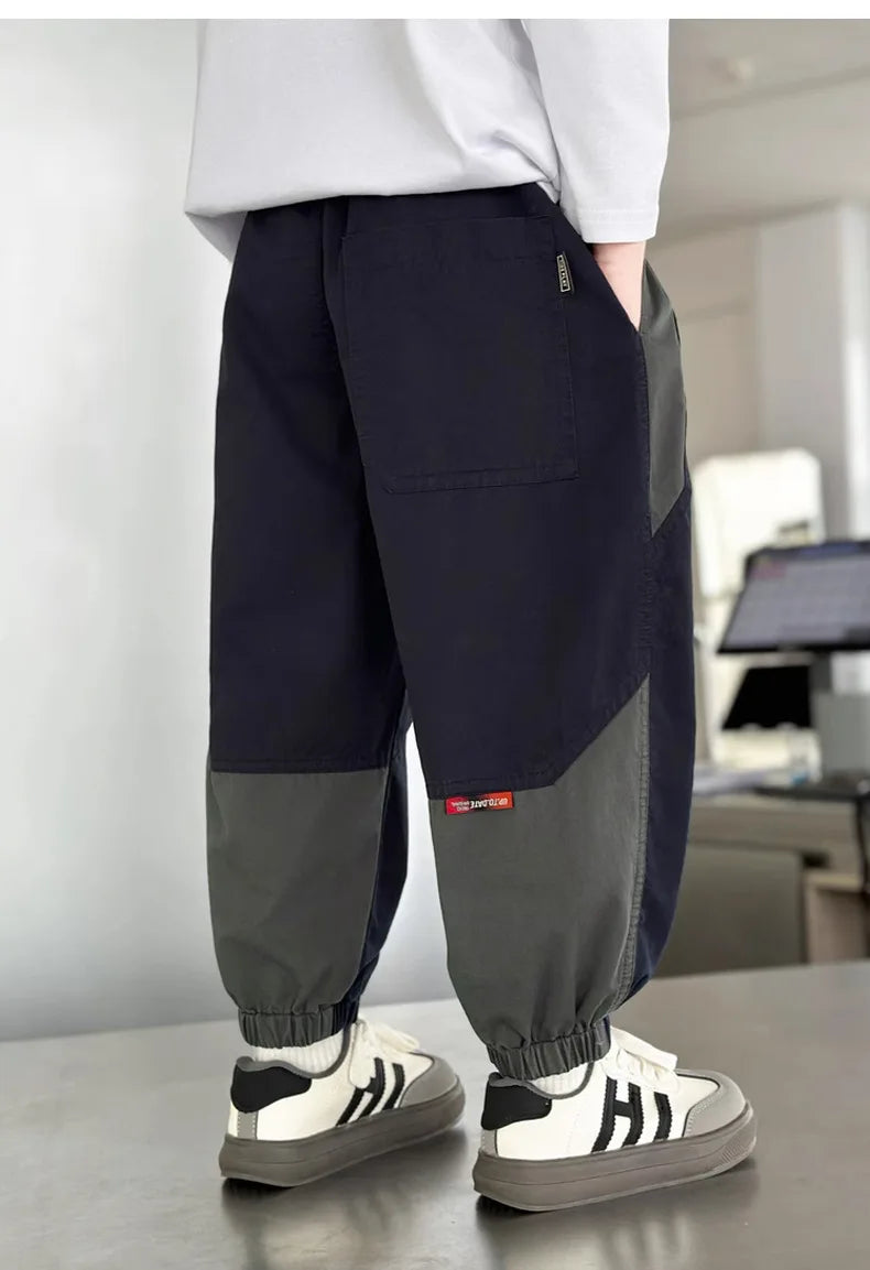 New Spring Autumn Fashion Splicing Style Boys Pants Loose Patchwork Sport Overalls Cargo Trousers For 4-14 Years Old Kids