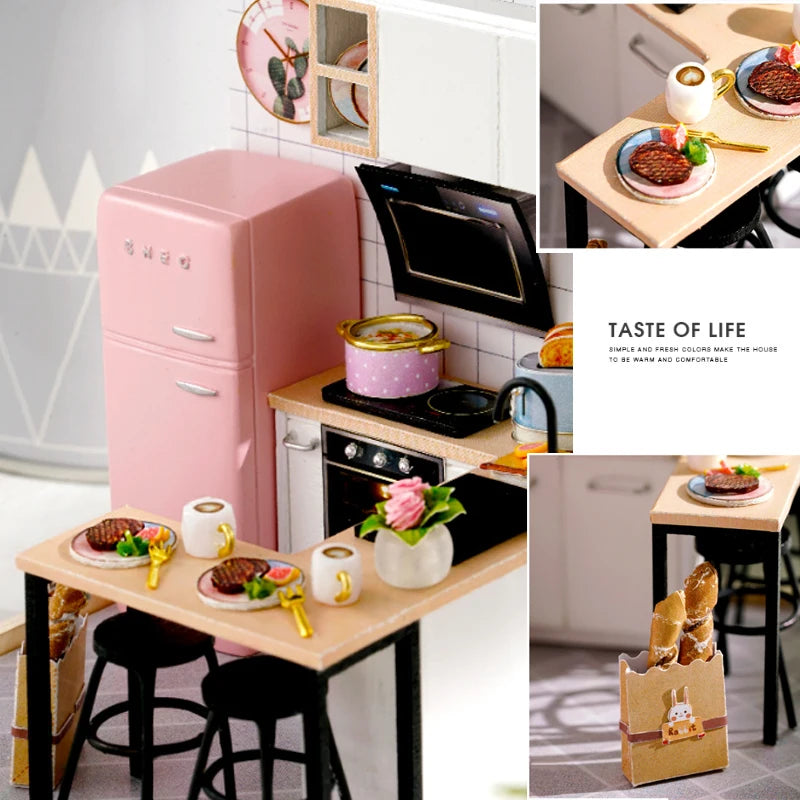 Wooden Miniature Doll House DIY Handmade Assembly Model Building Kit With Dust Cover