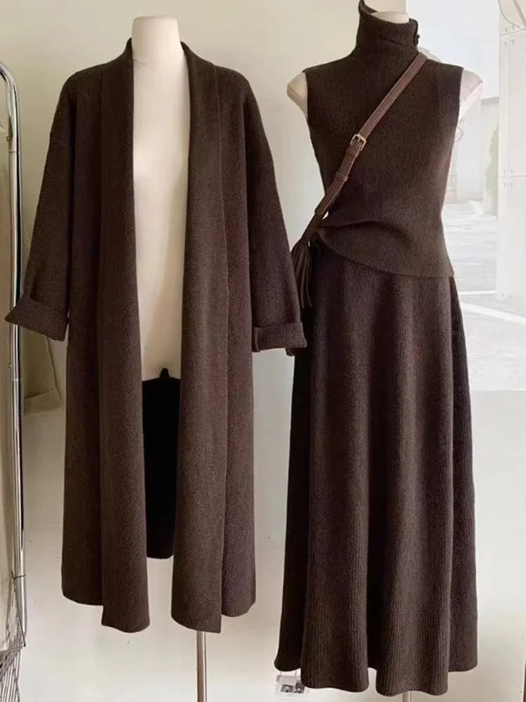 Knitted Skirt Sets Long Cardigans + Turtleneck Sweater Vest + Maxi Skirt