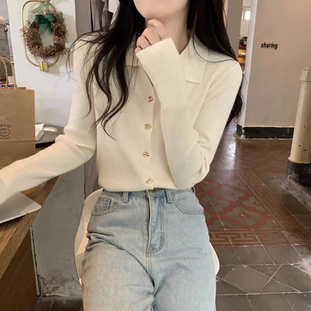 Autumn Elegant Fashion Solid Knit Cardigan Women Clothing Chic Turn-down Collar Long Sleeve Sweater All-match Elegant Button Top