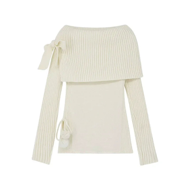 Knit Top Off-Shoulder Bow Design Petite Inner Sweater Base Layer Outerwear