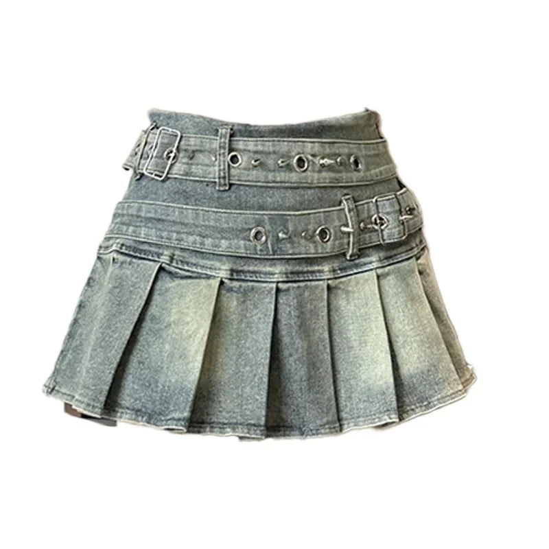 Denim Pleated Skirt Lace Fold Design A-line Short Skirt Built in Shorts