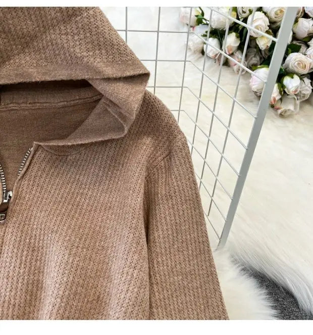 Zipper Hooded Slim Fit Knitted Sweatshirt Set