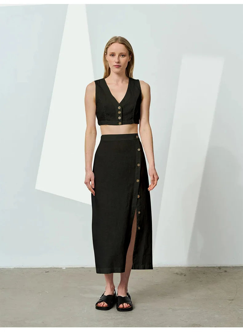 Linen Cotton Side Split Skirt