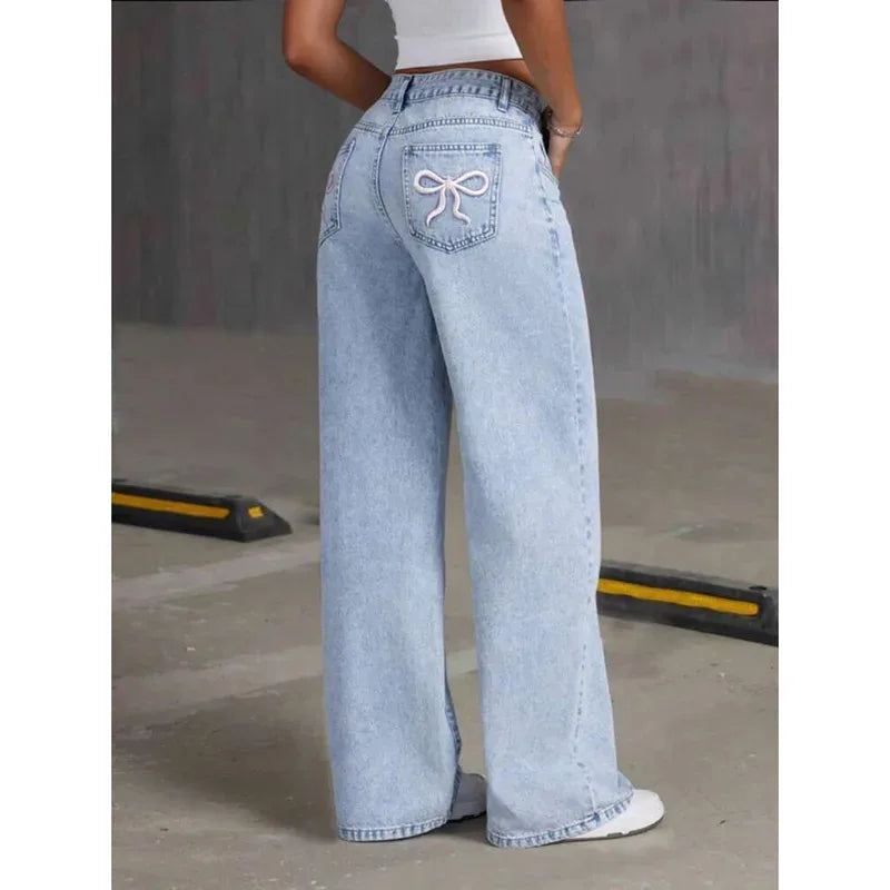 Embroidery High Waist Distressed Washed Jeans