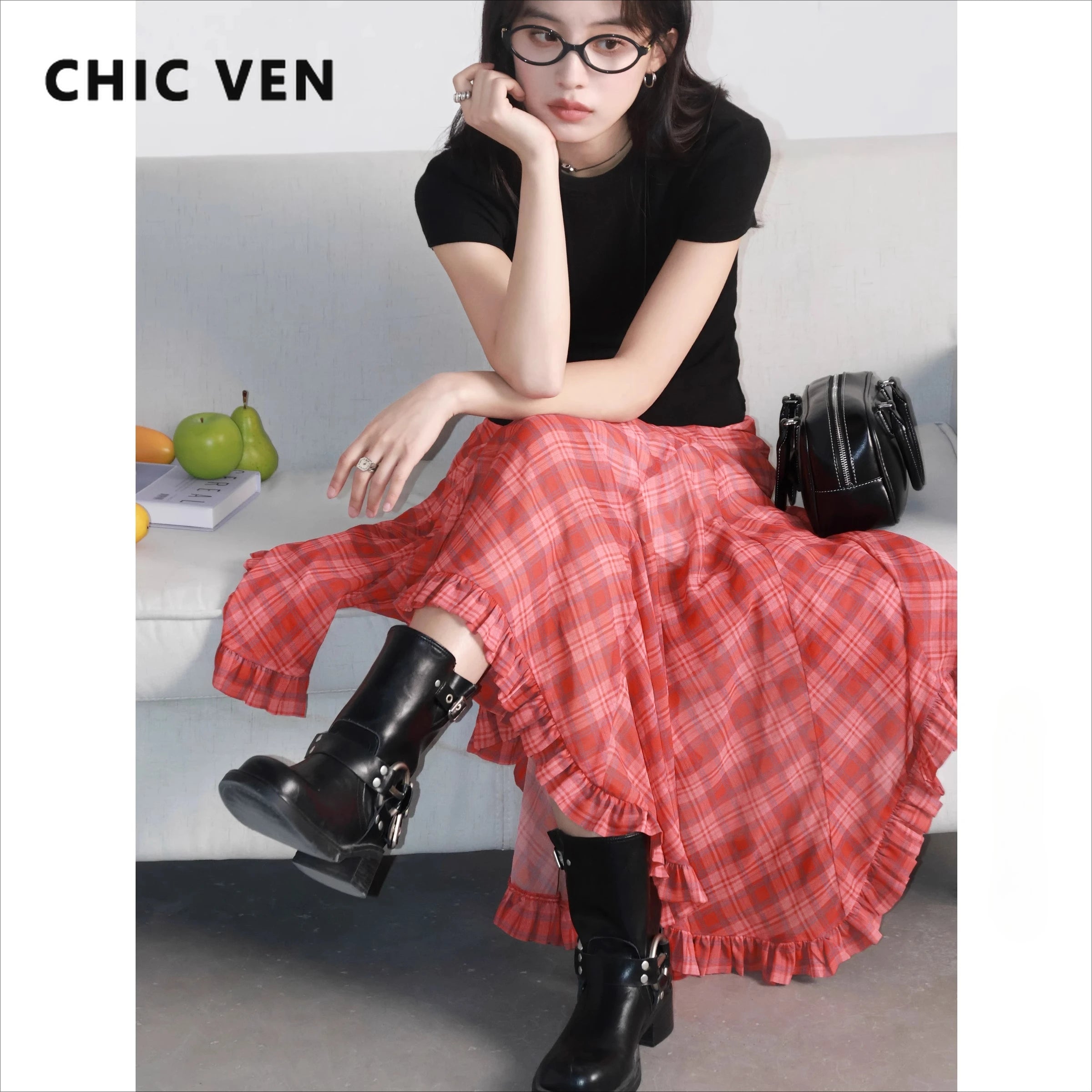 A-Line Vintage Irregular Plaid Skirt