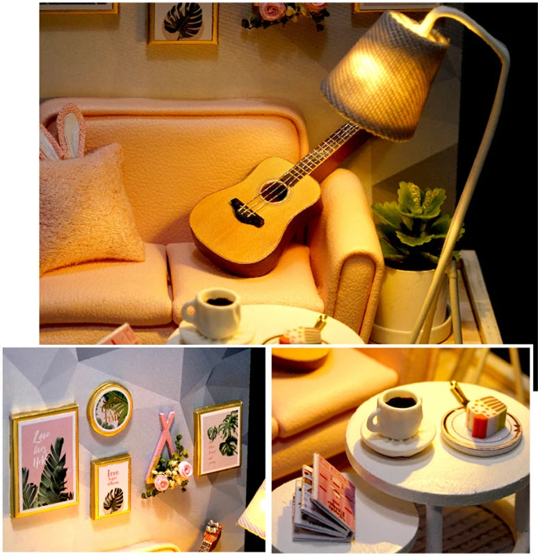 Wooden Miniature Doll House DIY Handmade Assembly Model Building Kit With Dust Cover