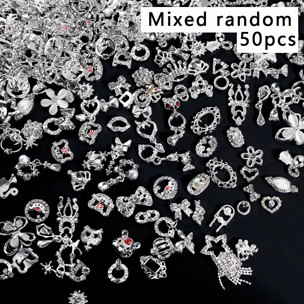 50Pcs 3D Mixed Random Luxury Nail Charms Metal Gold/Silver Butterfly/Bowknot Nail Art Decoration With Crystal Manicure Jewelry