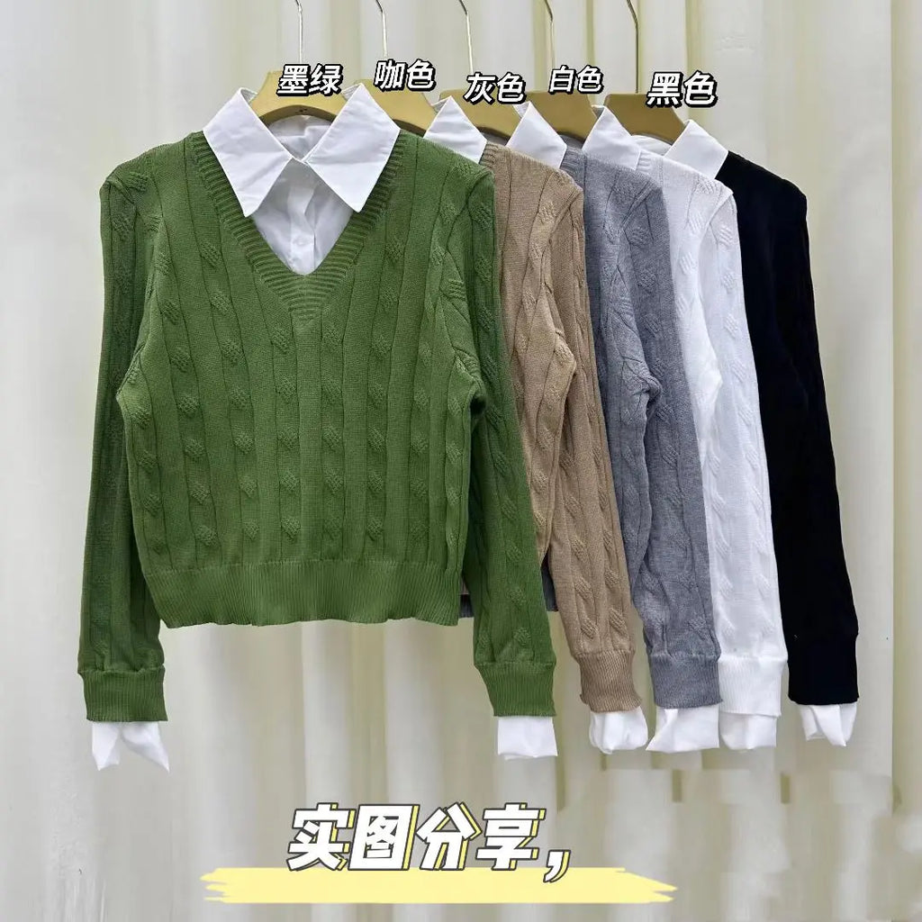 Fake Two Shirts, Knitted Sweater Women's Autumn/winter New Item Shirt Collar Niche Sweater Long Sleeved Top Inner Layer as Base