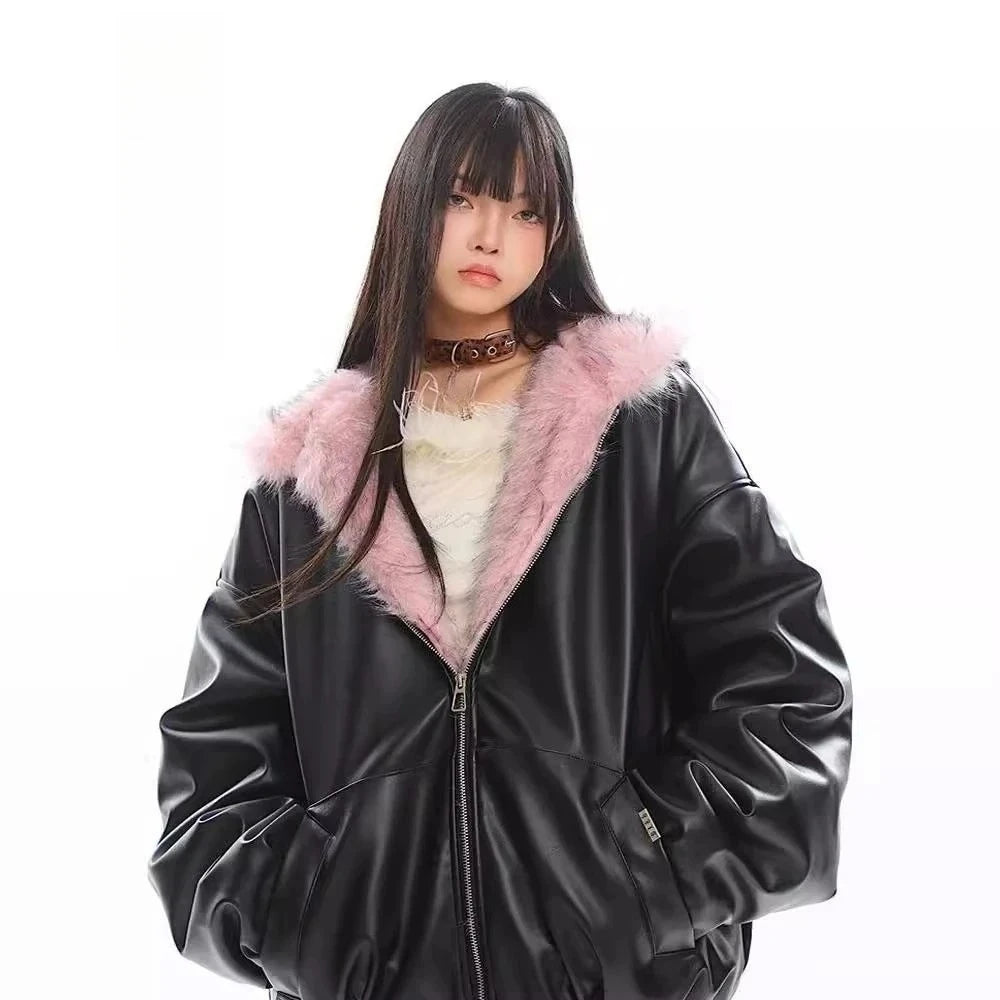 Faux Fur Solid Leather Jacket