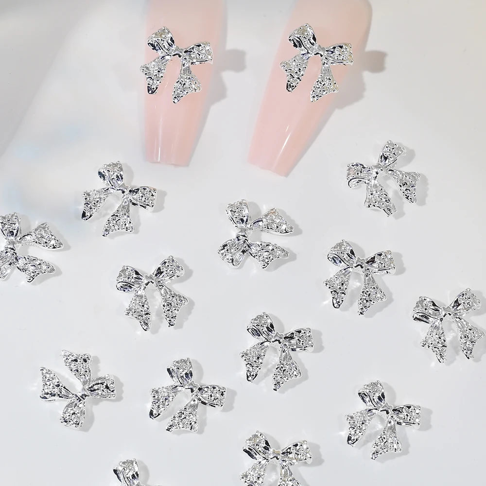 50Pcs Gold/Silver Metal Alloy Ribbion Bowknot Nail Charms 10x11mm Alloy Bowknot Nail Art 3D Luxury Metal Bow Manicure Parts