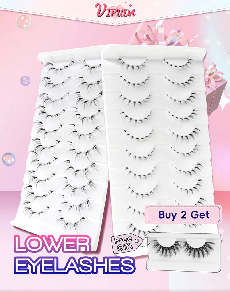 10Pairs Bottom Eyelashes Manga Lower Lashes Clear Band Wispy Small Flame Under Eye Lashes Korean Makeup Cosplay Tools