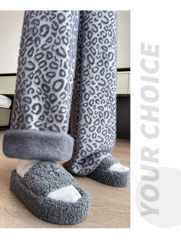 Leopard Print Contrast Color Basic Full Length Wide Leg Pants