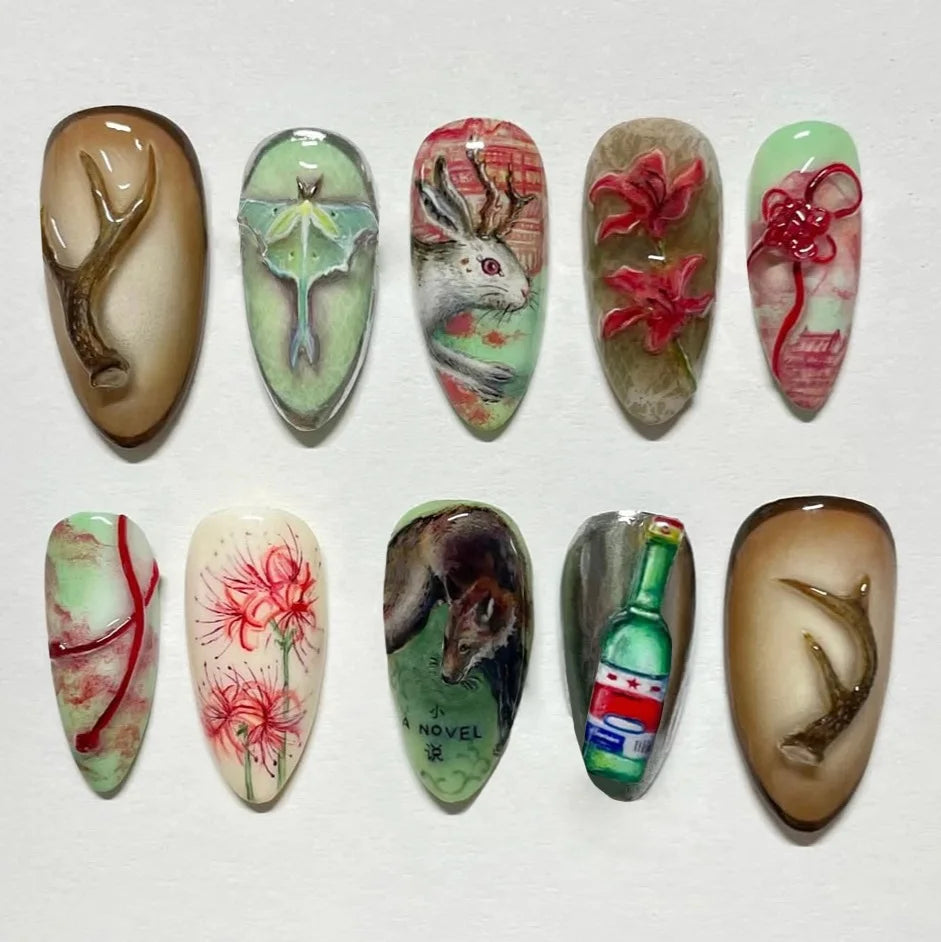 24pcs Vintage Country Style False Nails Cute Cartoon Little Lamb Rabbit Rose Printed Press On Nails Wave Point Bows Fake Nail