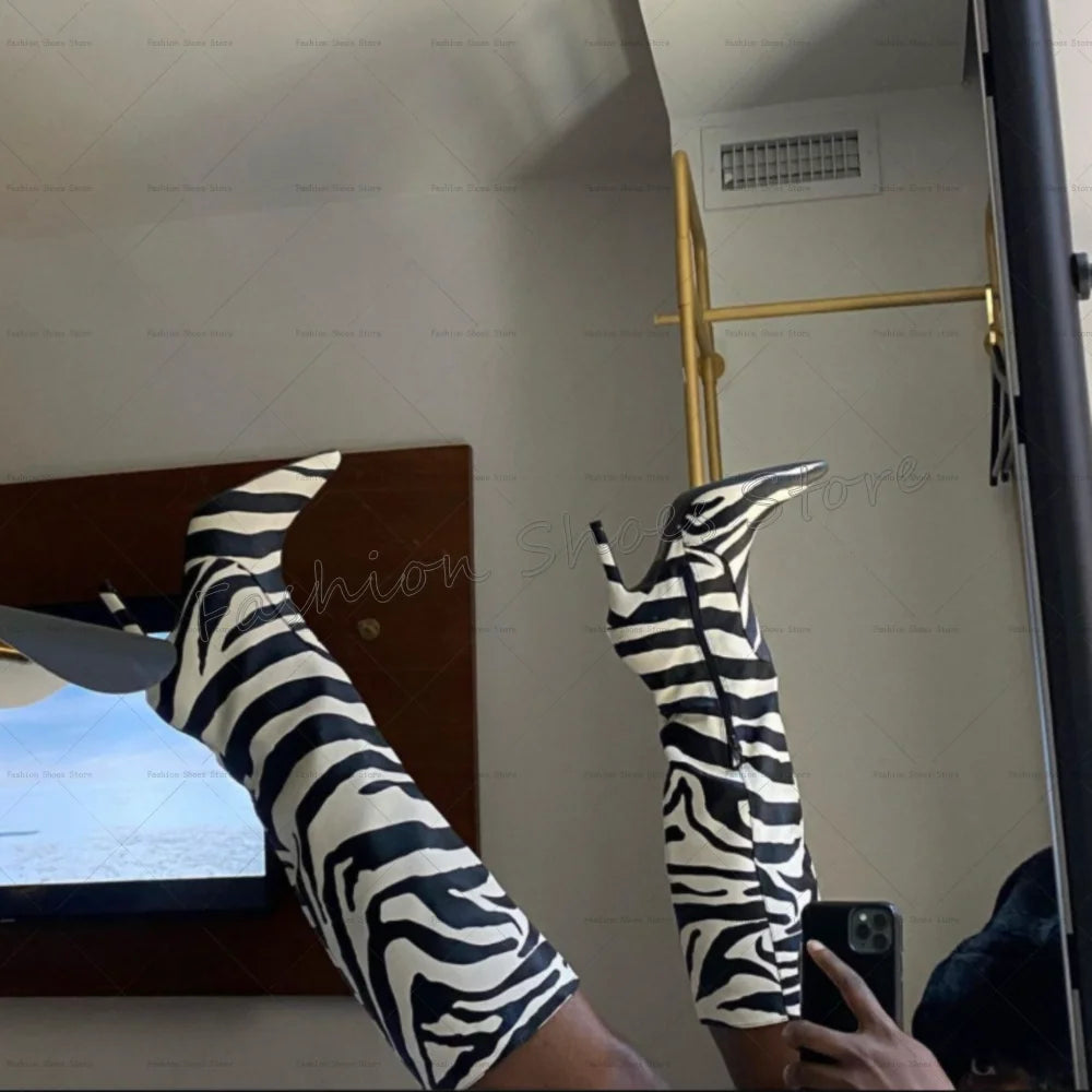 Zebra Pattern Side Zipper Pointed Toe Boots