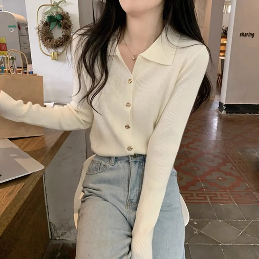 Autumn Elegant Fashion Solid Knit Cardigan Women Clothing Chic Turn-down Collar Long Sleeve Sweater All-match Elegant Button Top
