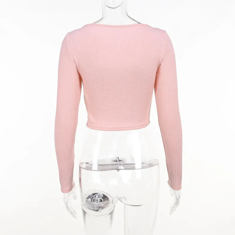 Hollow Out Sexy Long Sleeve Top for Women Spring Mesh Red Short Fitting Knit Sweater  Winter Thin Tops Sweet E8FH