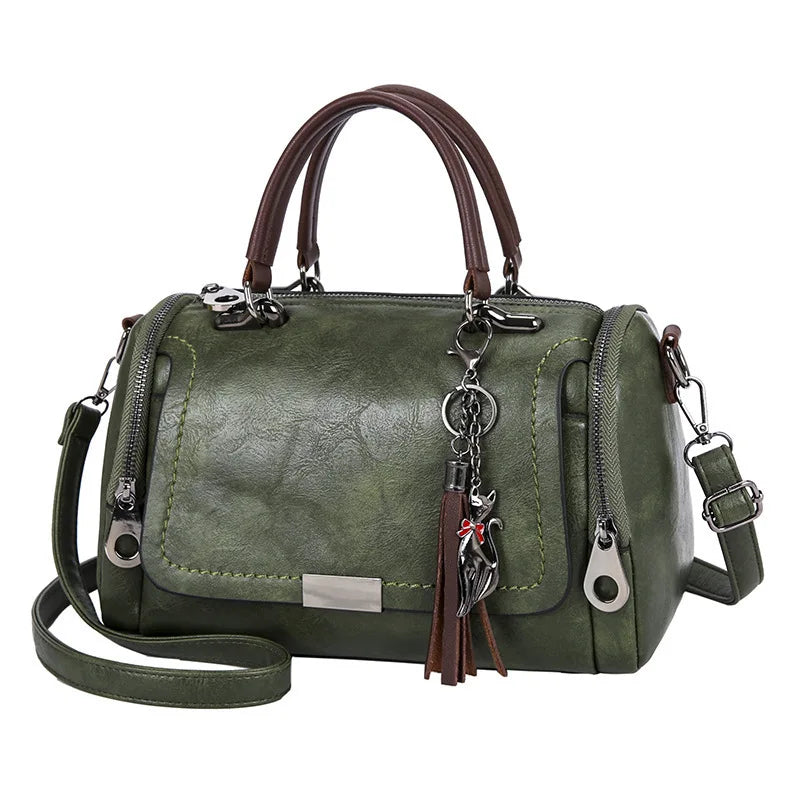 Textured Crossbody Satchel with Tassel Charm