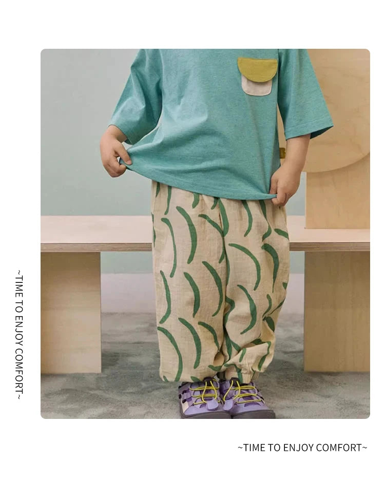 Kids Printed Mosquito-Repellent Pants Summer Boys Girls Pure Cotton Breathable Elastic Cuff Trousers for Baby Toddler Outdoor