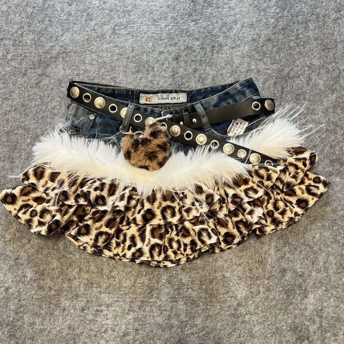 Denim Leopard Print Unlined Skirt