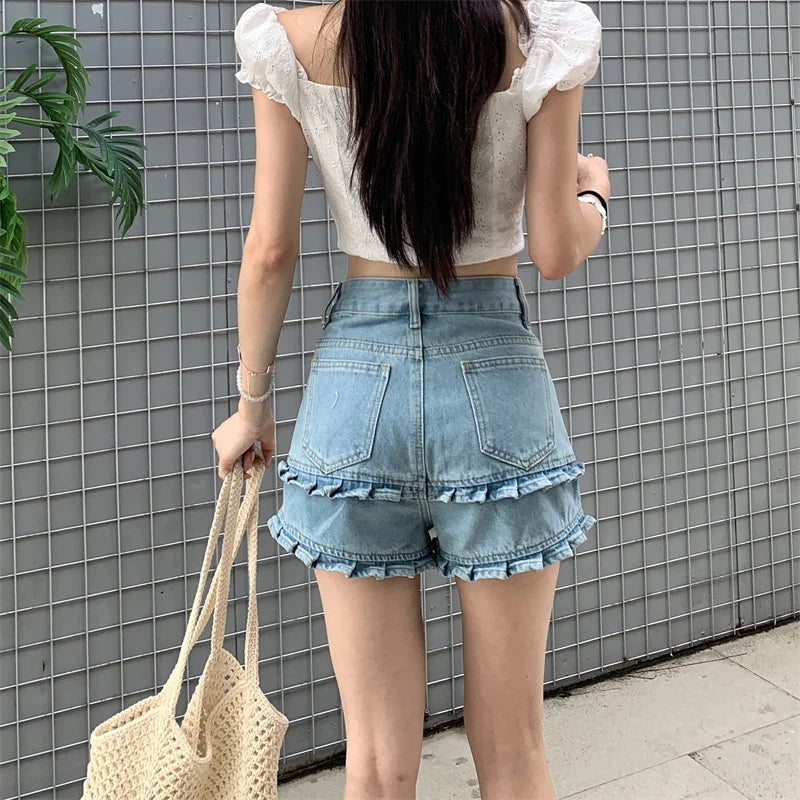 Double Ruffle Denim Shorts