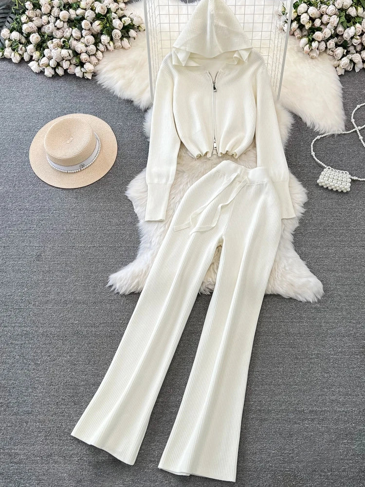 Zipper Hooded Slim Fit Knitted Sweatshirt Set