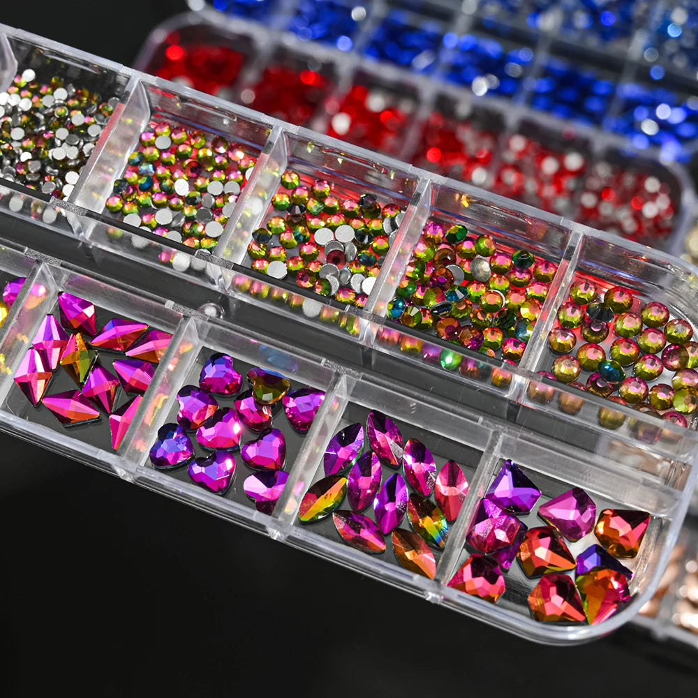 12Grids Mixed-Shape Crystal Nail Art Rhinestones Pink/Red Flatback Nail Gems Luxury Diamond Glass Stones Manicure Decoration