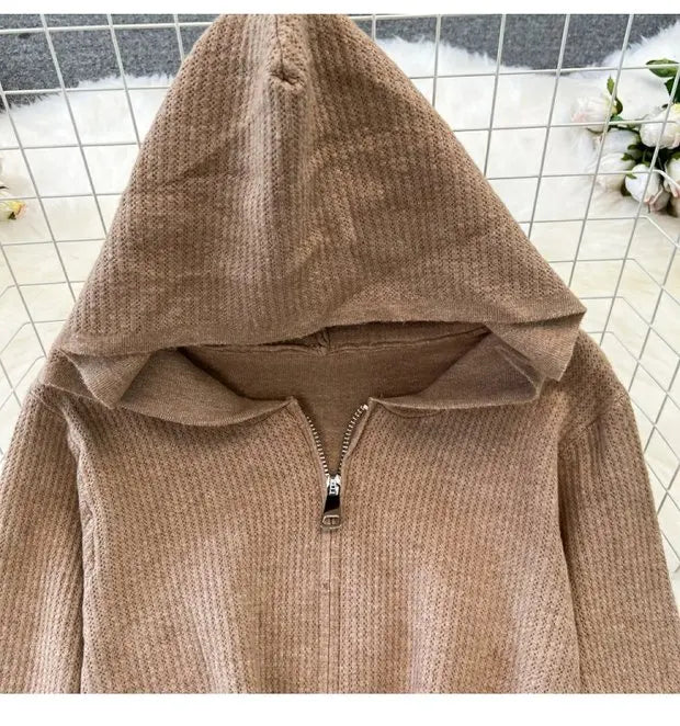 Zipper Hooded Slim Fit Knitted Sweatshirt Set