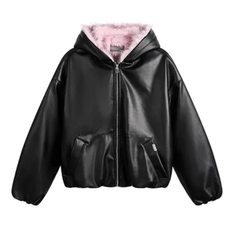 Faux Fur Solid Leather Jacket