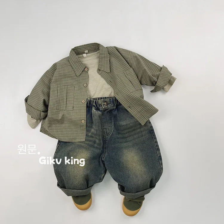 2025 Spring New Children Long Sleeve Lapel Plaid Shirts Infant Boys Vintage Casual Coat Toddler Girls Pocket Tops Kids Clothes