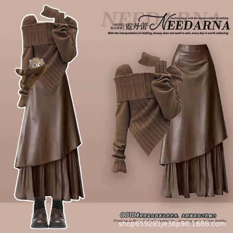 Scarf Slim Knitted Sweater+Irregular Half Skirt Two Piece Set