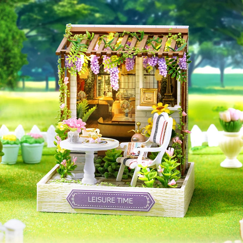 Wooden Miniature Doll House DIY Handmade Assembly Model Building Kit With Dust Cover