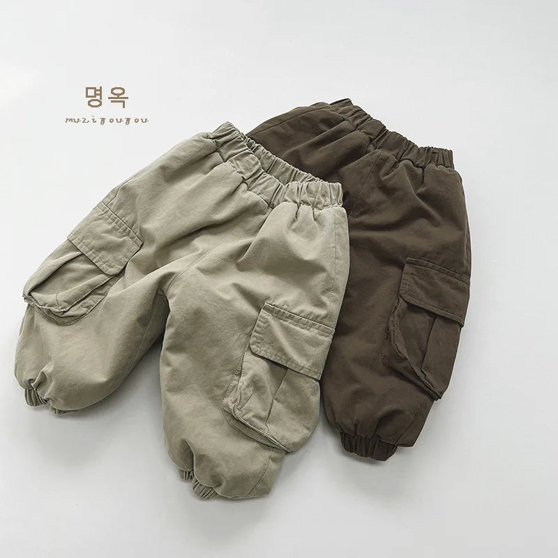 Winter New Children Loose Trousers Plus Velvet Thicken Baby Boy Girls Solid Casual Pants Fashion Kids Fleece Warm Cargo Pants