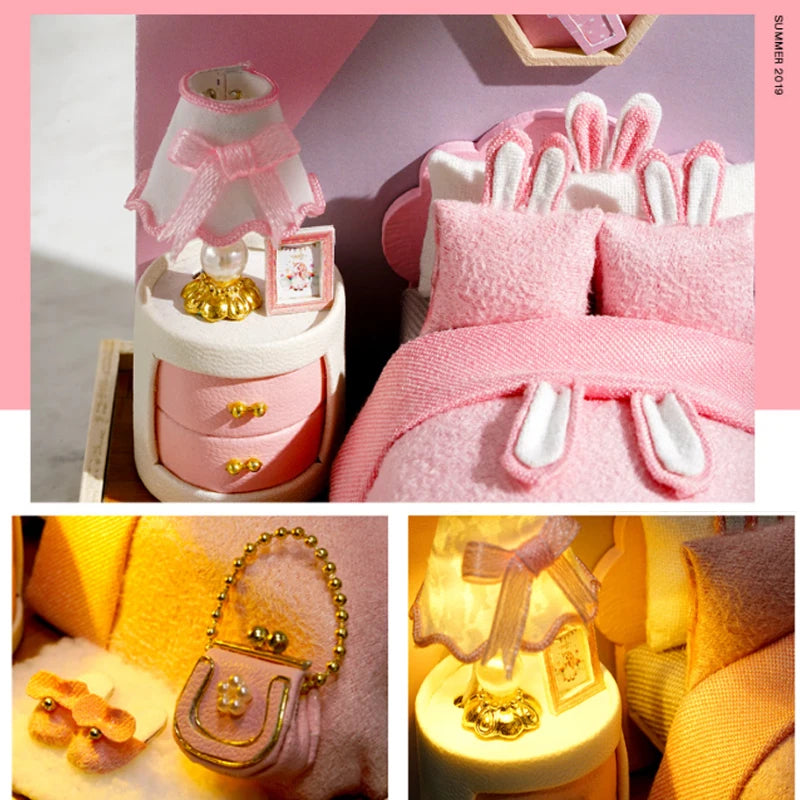 Wooden Miniature Doll House DIY Handmade Assembly Model Building Kit With Dust Cover